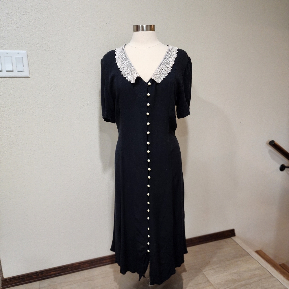 Vintage Ms. Basia Maxi Dress Lace Collar Pearl Buttons Grunge Wednesday Addams